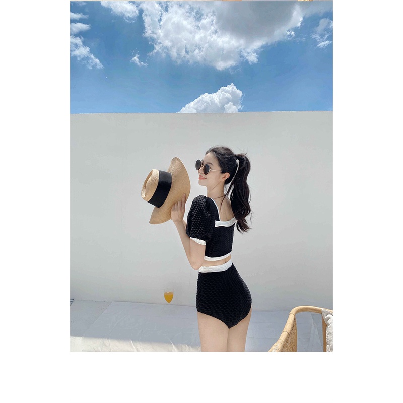 (Mẫu mới 2023) Bikini đồ bơi 2 mảnh Hàn Quốc đen trắng sang trọng nổi bật quần lưng cao tôn dáng