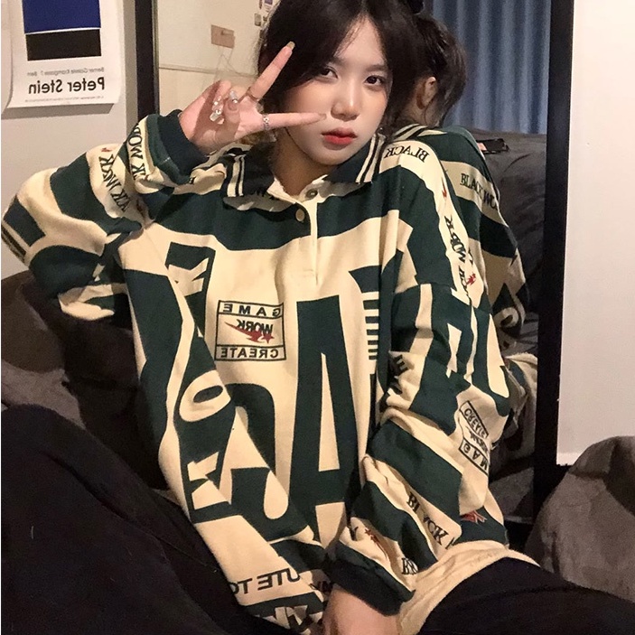 Áo thun polo ZHELIHANGFEI tay dài dáng rộng theo phong cách preppy Mỹ dễ phối đồ