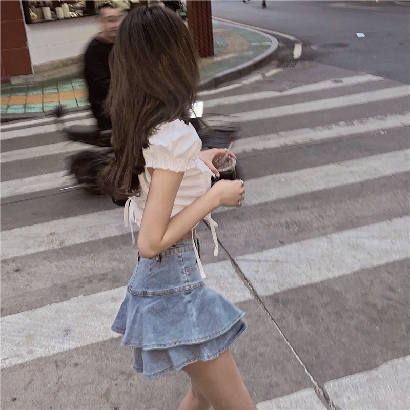 Chân váy jean DUNEA lưng cao phối bèo phong cách quyến rũ cho nữ