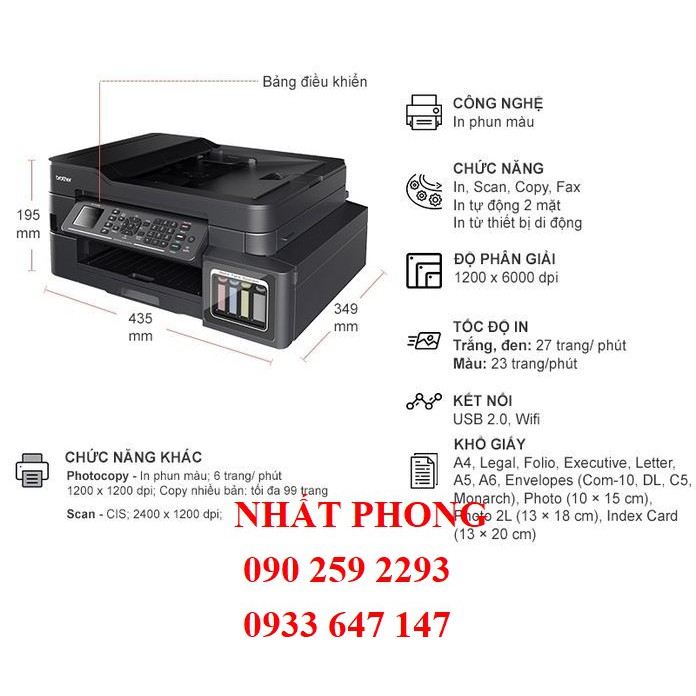 Máy in phun màu Brother MFC-T910DW (In 2 mặt,scan,copy,fax,Wifi)