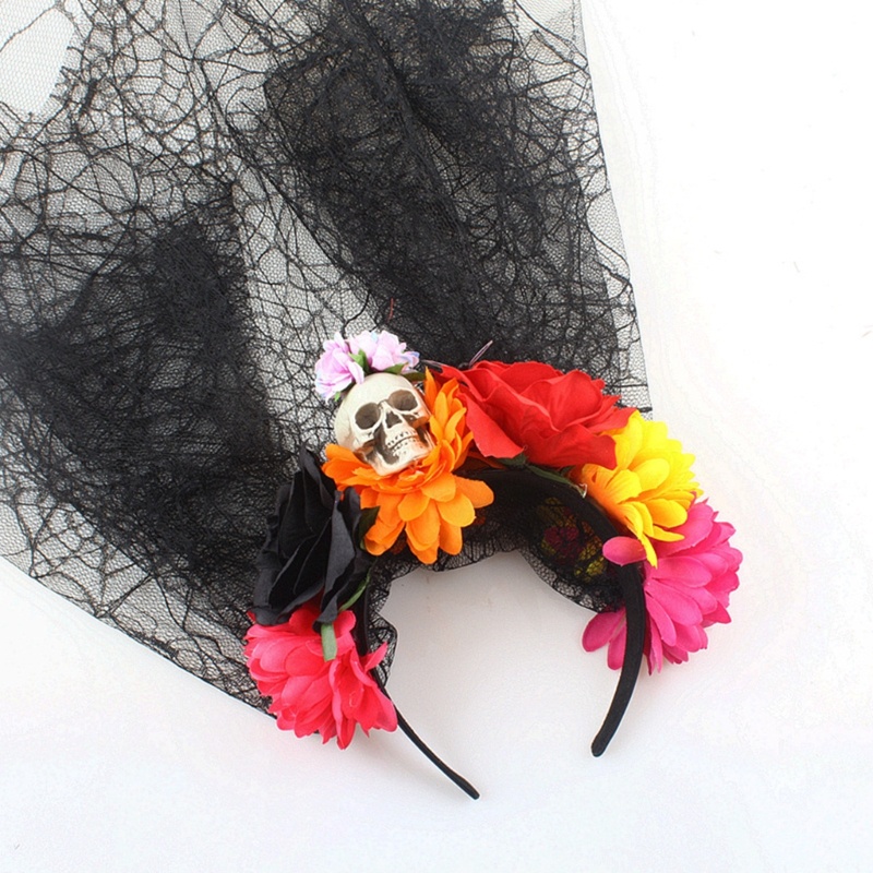Băng Đô Cài Tóc Màu Đen Đính Mạng Che Mặt Đầu Lâu Hoa Cho Nữ