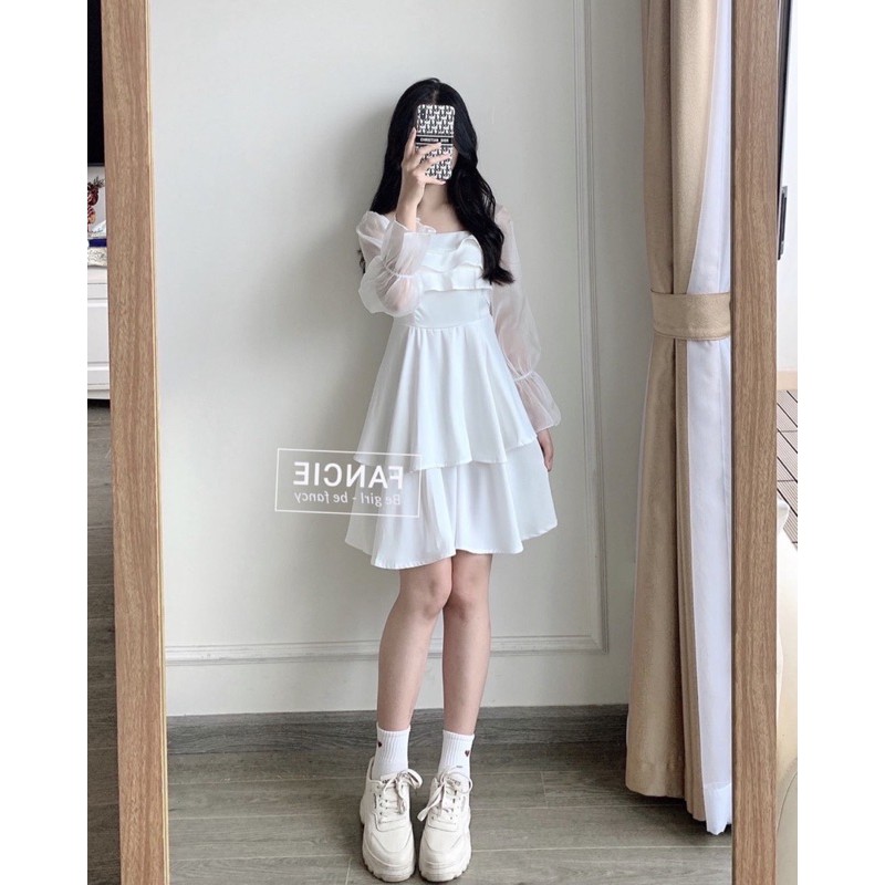 Đầm nữ trắng dễ thương dạo phố dự tiệc phố bèo tầng có lót toàn thân