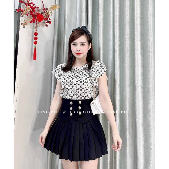Áo somi họa tiết LV lụa tay cánh tiên_sơ mi kiểu nữ trẻ trung