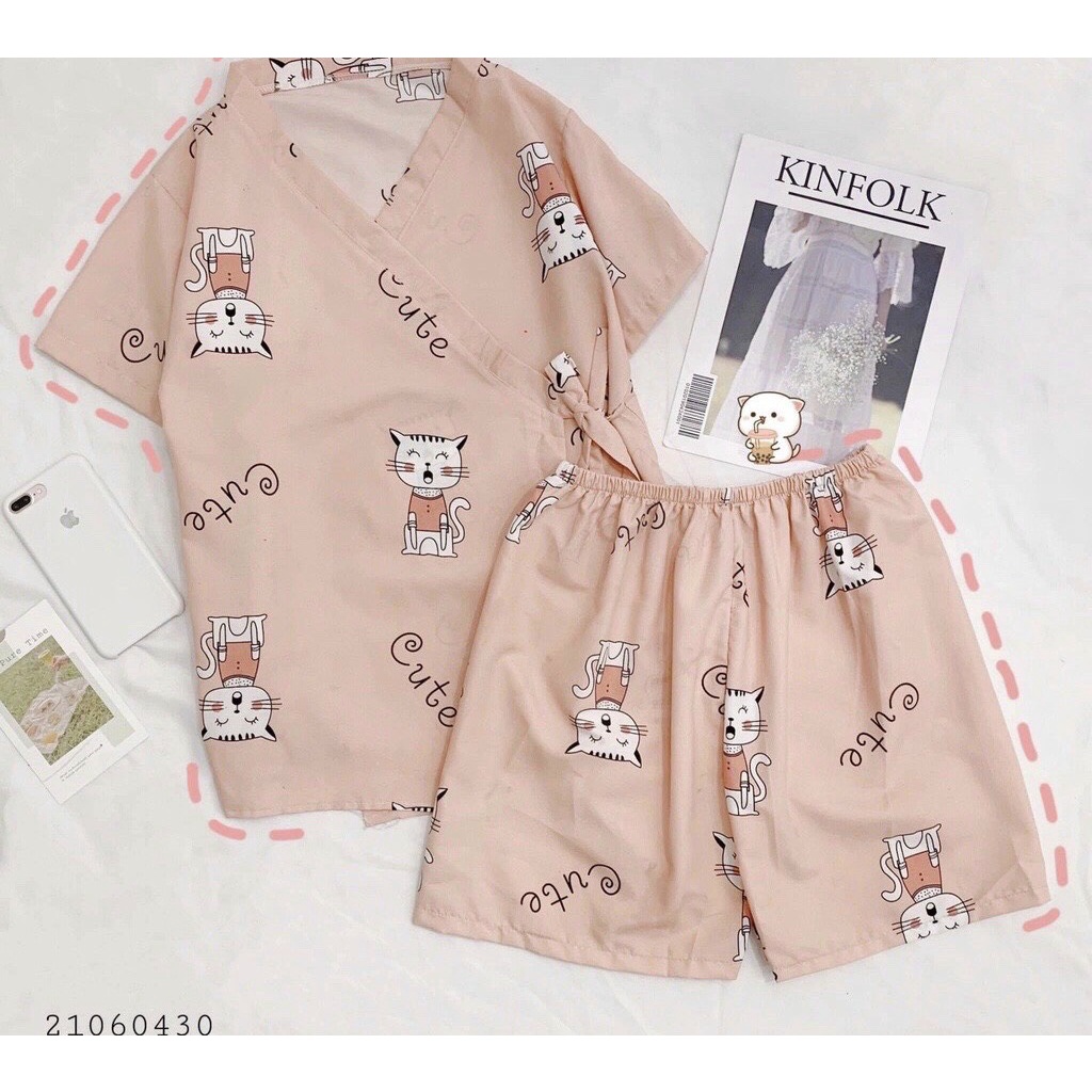 Bộ Đồ Ngủ Nữ Mặc Nhà Ngắn Tay Pijama Kimono Cộc Tay Vạt Chéo Họa Tiết Dễ Thương