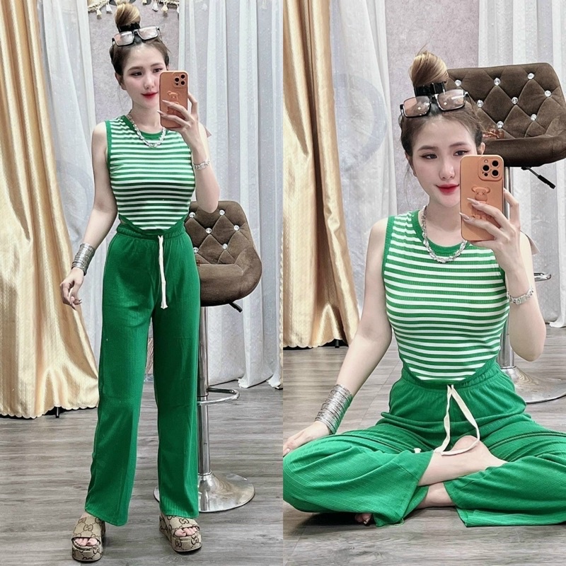 Set quần suông gân áo vạt bầu phối viền xinh xắn