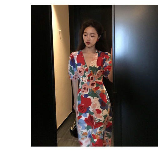 French retro V-neck floral dress 2020 new summer harvest waist slim temperament bubble sleeve skirt | BigBuy360 - bigbuy360.vn