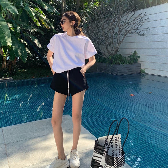 COZOK Quần Short Thể Thao Lưng Cao Ống Rộng Phối Dây Rút Cá Tính
