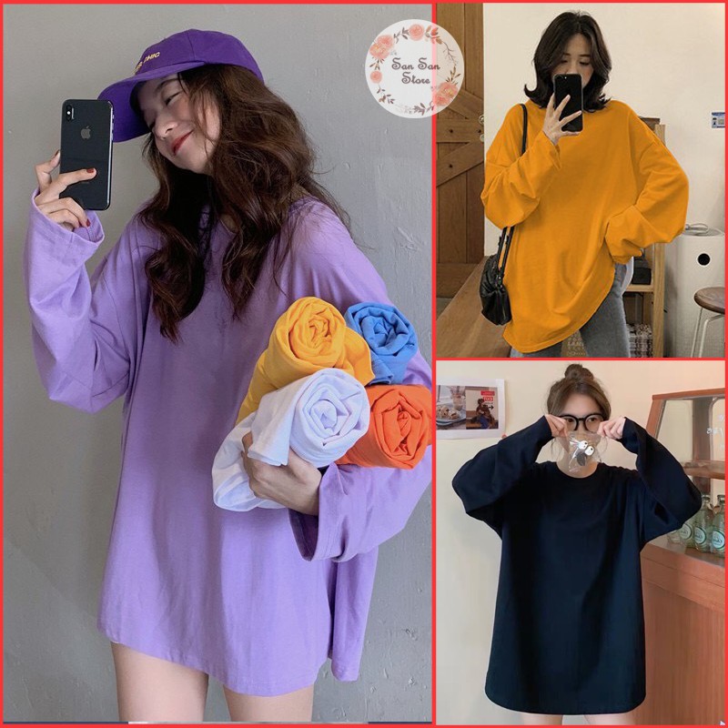 Áo Thun Nữ Tay Dài Form Rộng, Áo Sweater Màu Trơn Basic Dáng Rộng HiMie