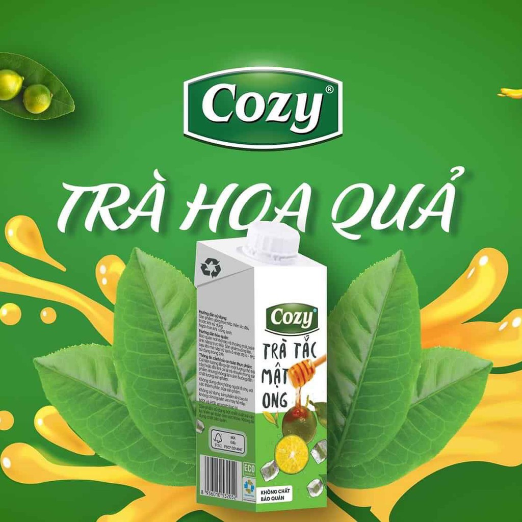 Lốc 4 hộp Trà Cozy Hoa Quả vị Vải, Đào, Tắc Mật Ong hộp 225ml