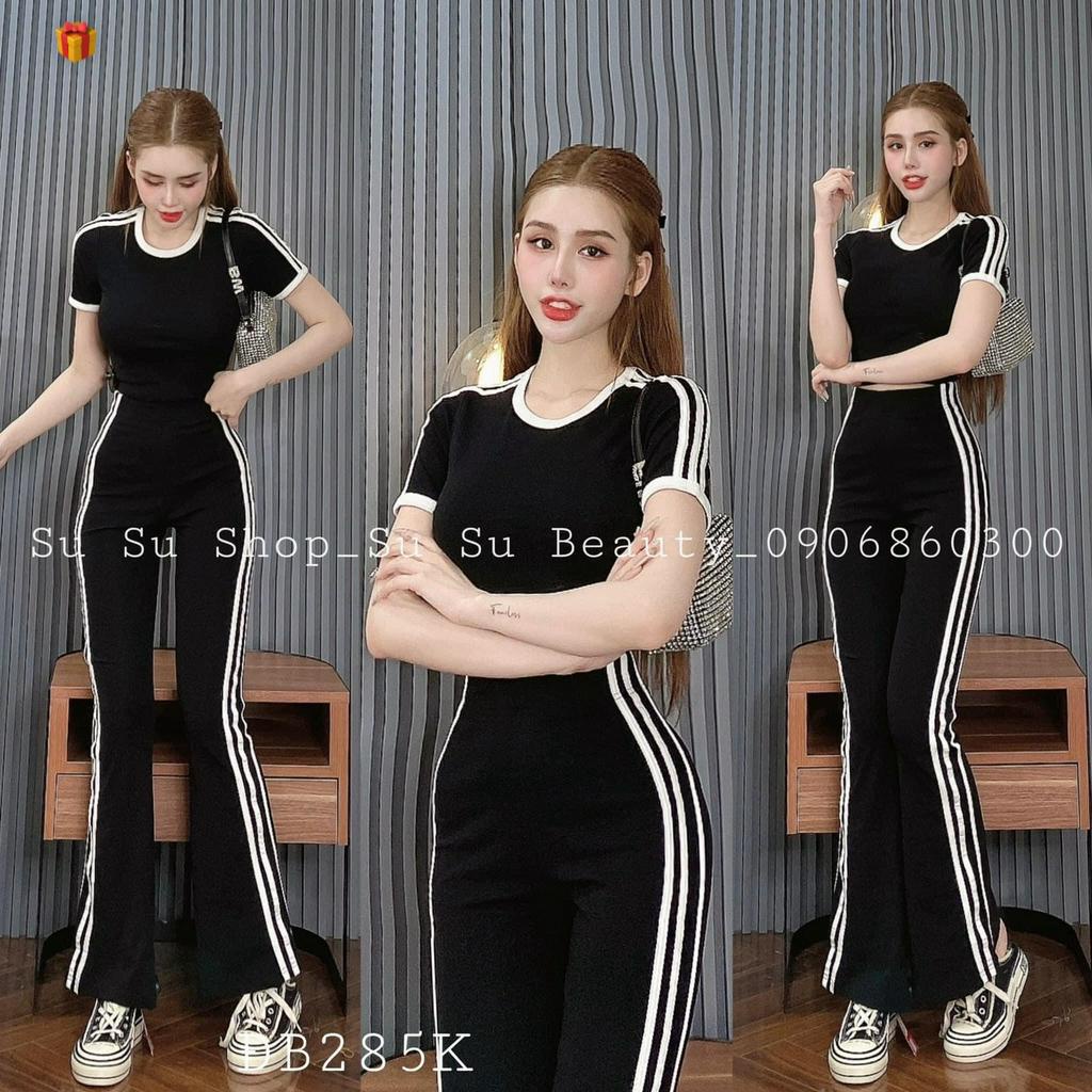 Set bộ mặc nhà đi chơi áo thun croptop tay ngắn viền màu mix quần thun loe dáng dài phối sọc đứng chất thun gân