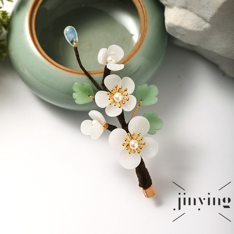 GETNOIVAS Kẹp tóc hình cành hoa trắng đính đá ngọc bích nhân tạo phong cách Trung Hoa