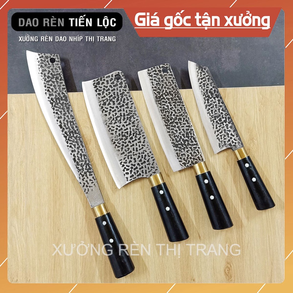 Dao Bếp, Bộ 4 Dao Nhà Bếp Thép Nhíp Ô Tô Lưỡi Dập Vân Chống Dính 2 Mặt