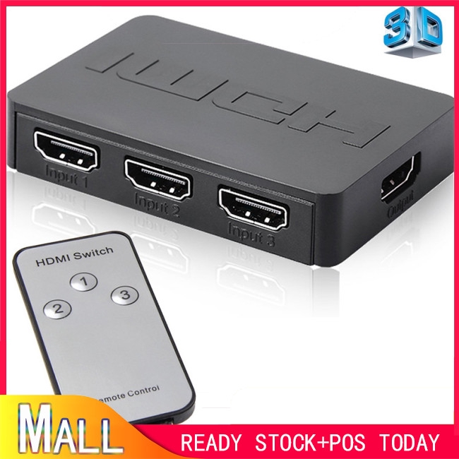 HDMI Splitter 3 Port Hub Box Auto Switch 3 In 1 Out Switcher 1080p HD with Remote Control for PS3