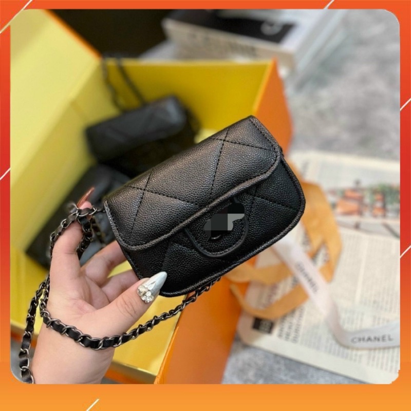 Túi xách nữ CC Mini siêu dễ thương, cặp size nhỏ da nhăn mịn màu đen dây xích dài đeo chéo hoặc cầm tay