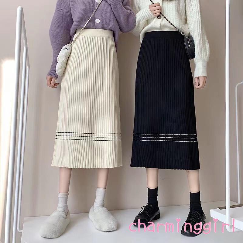 Chân váy midi dệt kim lưng cao họa tiết kẻ sọc thời trang thu đông cho nữ