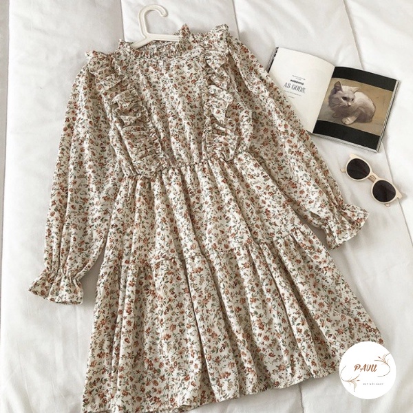 Váy hoa nhí vintage dáng xòe cổ tròn, Đầm hoa nhí vintage cổ tròn  viền bèo tiểu thư | BigBuy360 - bigbuy360.vn