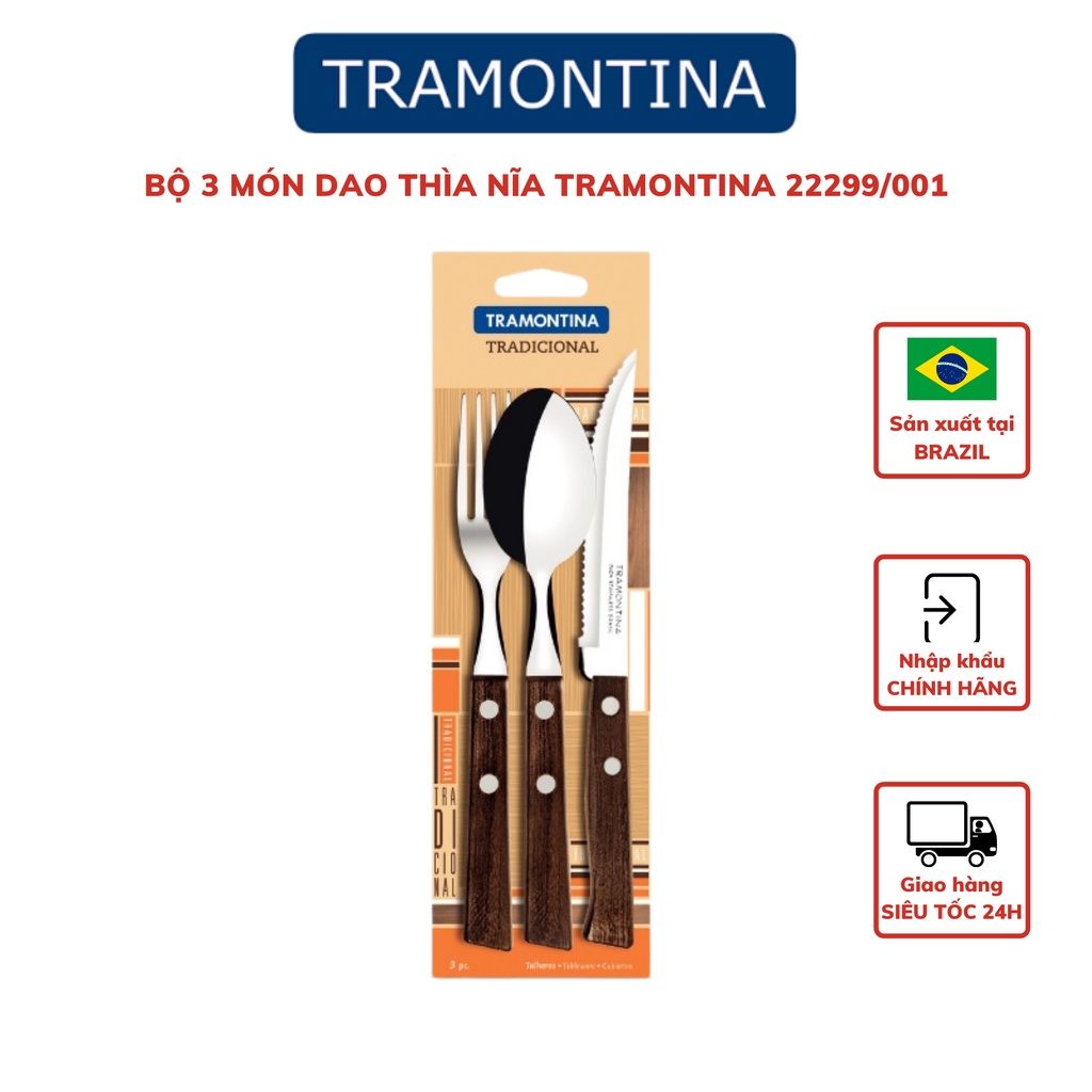 Bộ Dao Thìa Dĩa Tramontina 3 Món Lưỡi Thép Không Gỉ Cán Gỗ Đen Tự Nhiên Tiện Dụng Tiết Kiệm Sản Xuất Tại Brazil