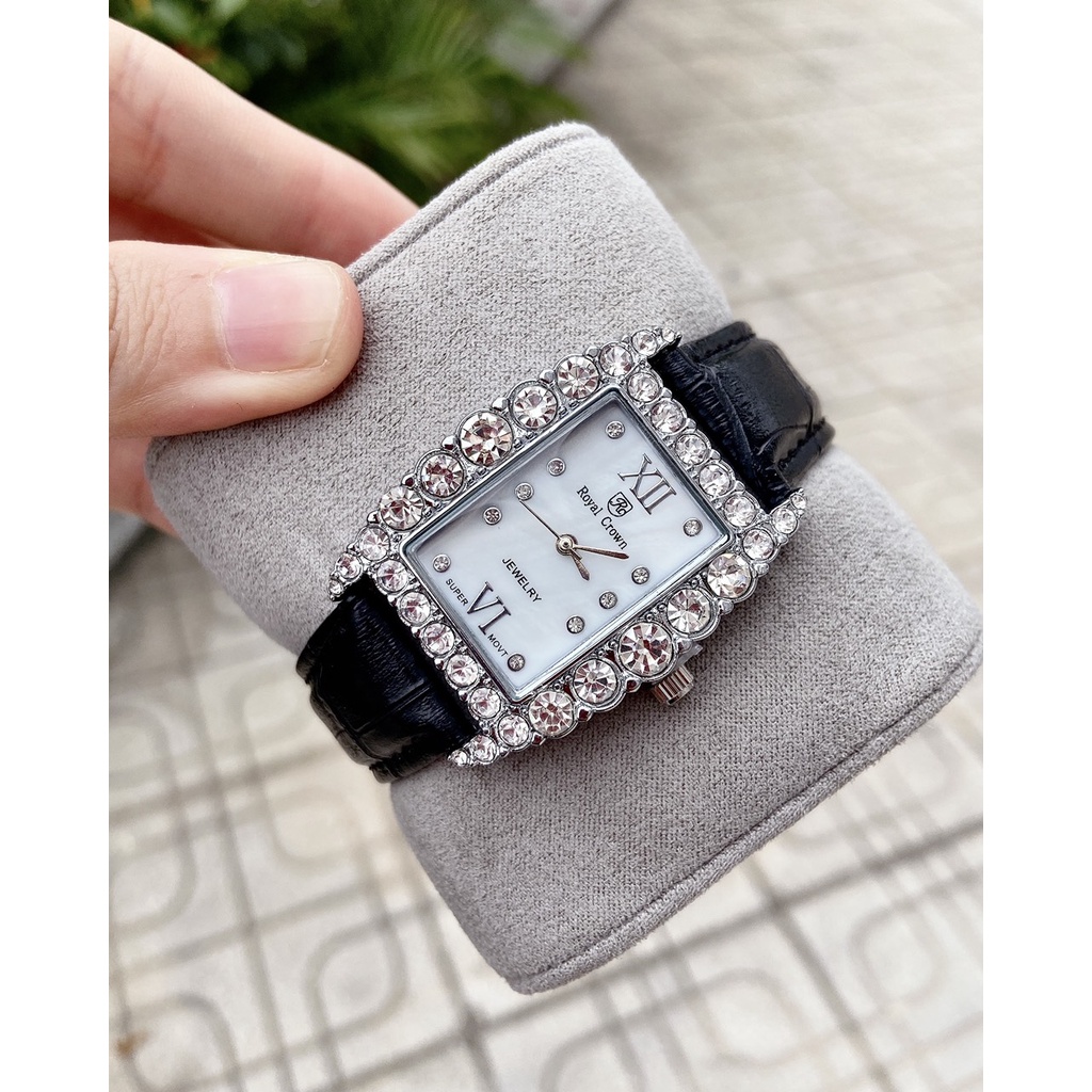 (Bảo hành 12 tháng ) Đồng Hồ Nữ Royal Crown 7661 dây da cao cấp màu đen sang chảnh, mặt đính đá sáng, chống nước tốt