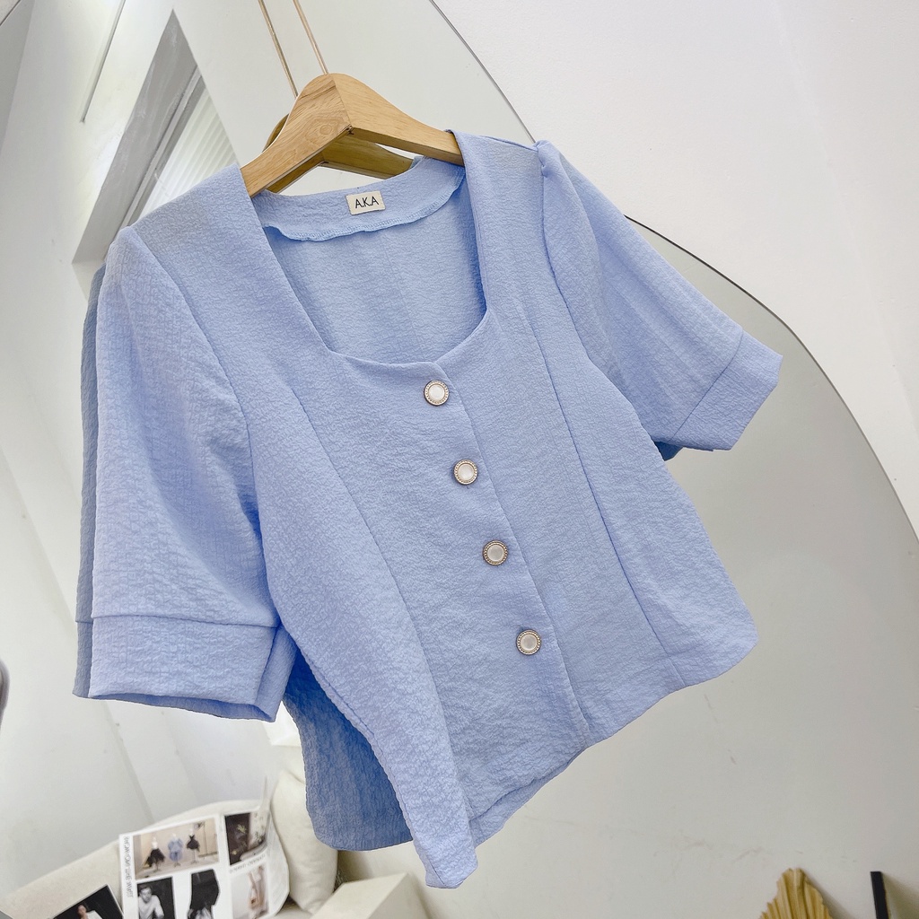 SET ÁO XANH CROPTOP CỔ VUÔNG PHỒNG + CHÂN VÁY MIDI TRẮNG