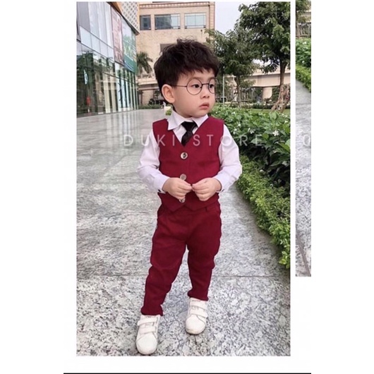 Bộ ghi lê cho bé trai gồm: áo ghi lê, quần, tặng kèm nơ)