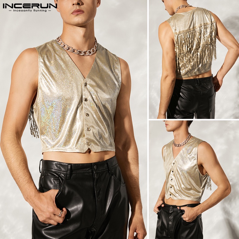 INCERUN Áo Tank Top Sát Nách Cài Nút Thiết Kế Thanh Lịch Cho Nam