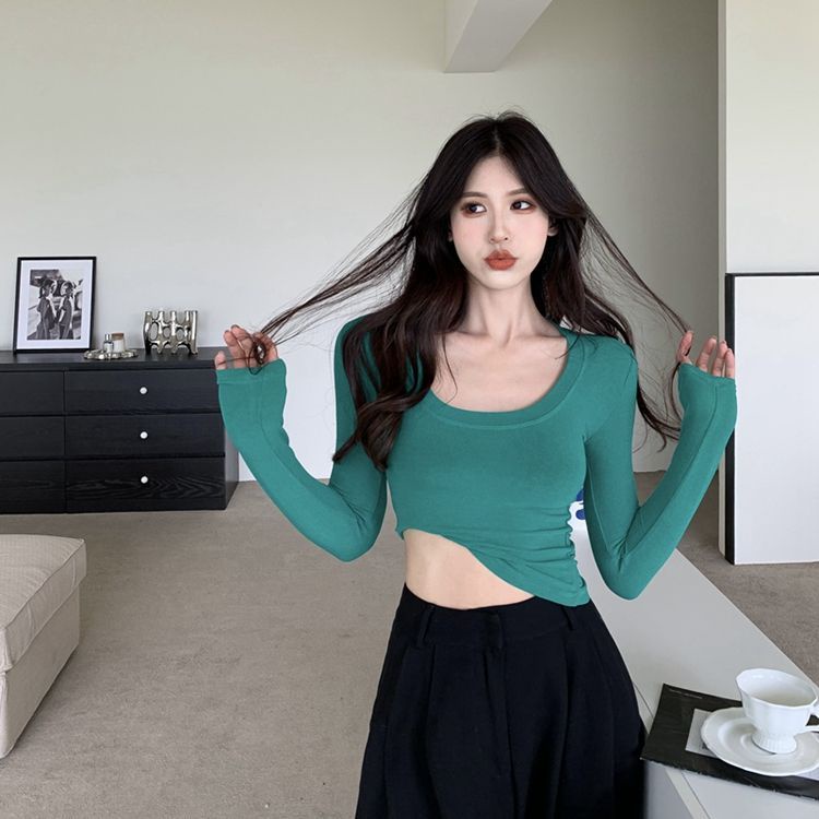 COZOK Áo Thun Tay Dài Cổ Chữ U Dáng Ôm Thời Trang Cho Nữ