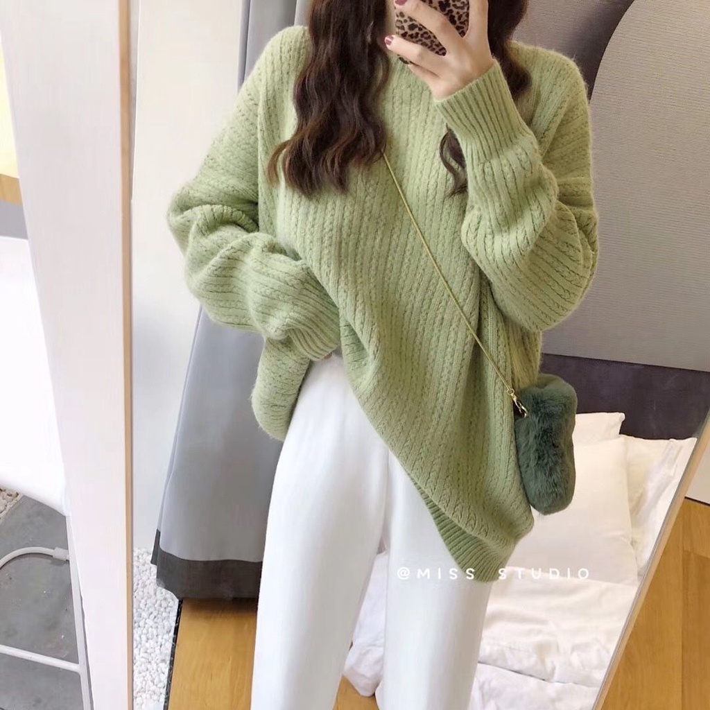Áo Sweater Dệt Kim Cổ Tròn Phong Cách Hàn Quốc
