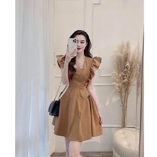 Đầm dạo phố màu nâu đất cổ V cánh tiên xinh xắn, dịu dàng - Pynis Dress