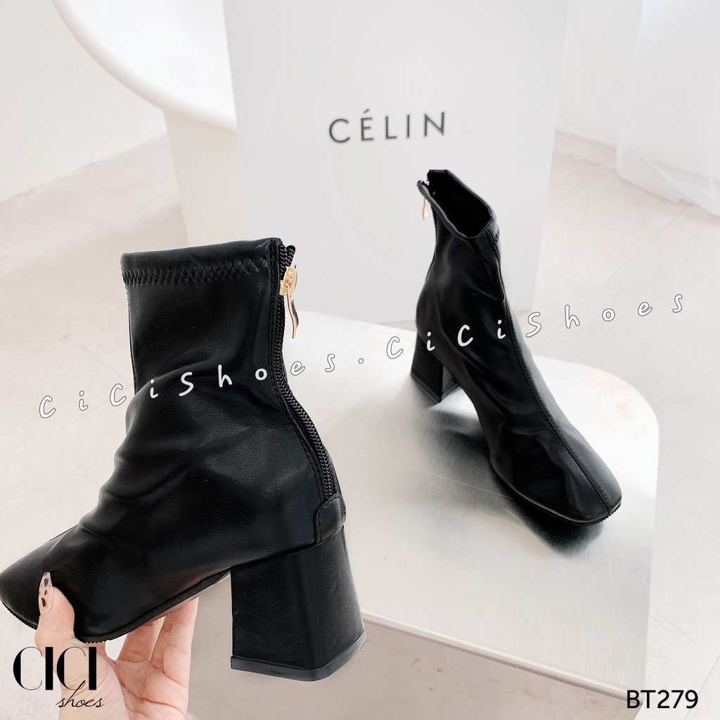 Giày Boot thời trang nữ CiCi Shoes gót vuông 5cm, bốt da lì cổ cao ôm sát - BT279