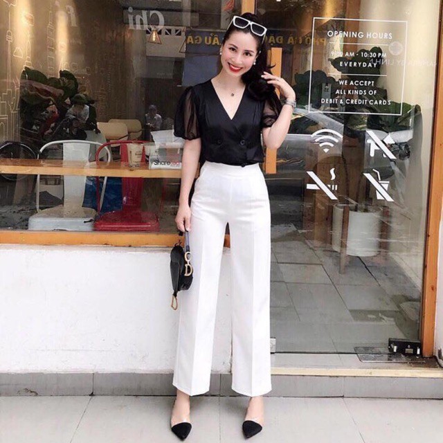Quần tây nữ lưng cao ống rộng, quần ống rộng suông mặc thoải mái, 3 màu đen/trắng/nude, vải cát hàn dày dặn, giá rẻ
