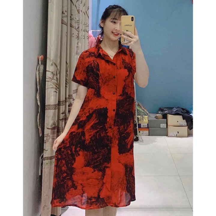 Đầm bầu ngắn tay sơ mi loang M053 chất đũi hàn thời trang thiết kế freesize từ 45 đến 70kg