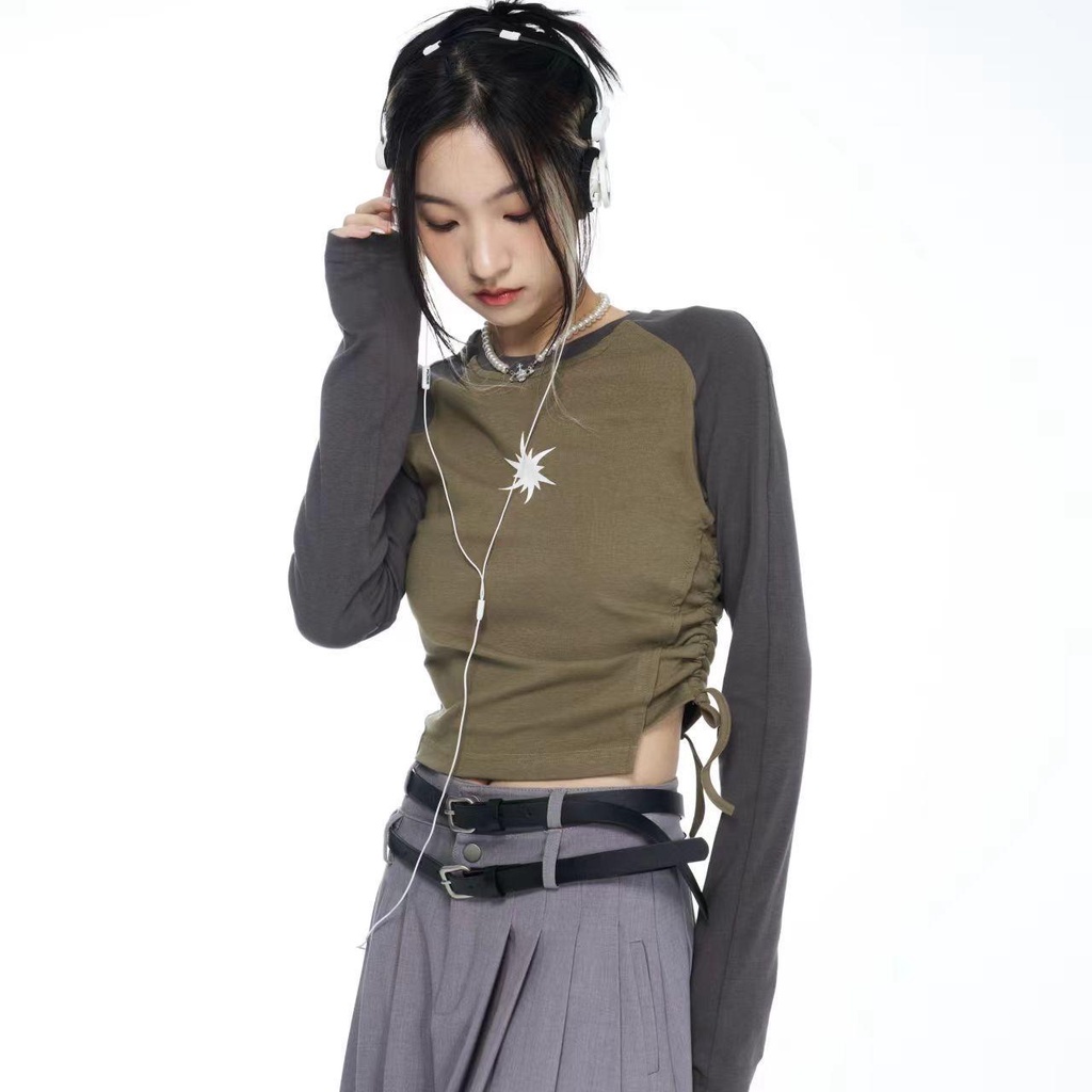 Áo Thun Tay Dài Raglan Cột Dây Màu Sắc Tương Phản Phong Cách Mỹ Thời Trang Mùa Thu Cho Nữ