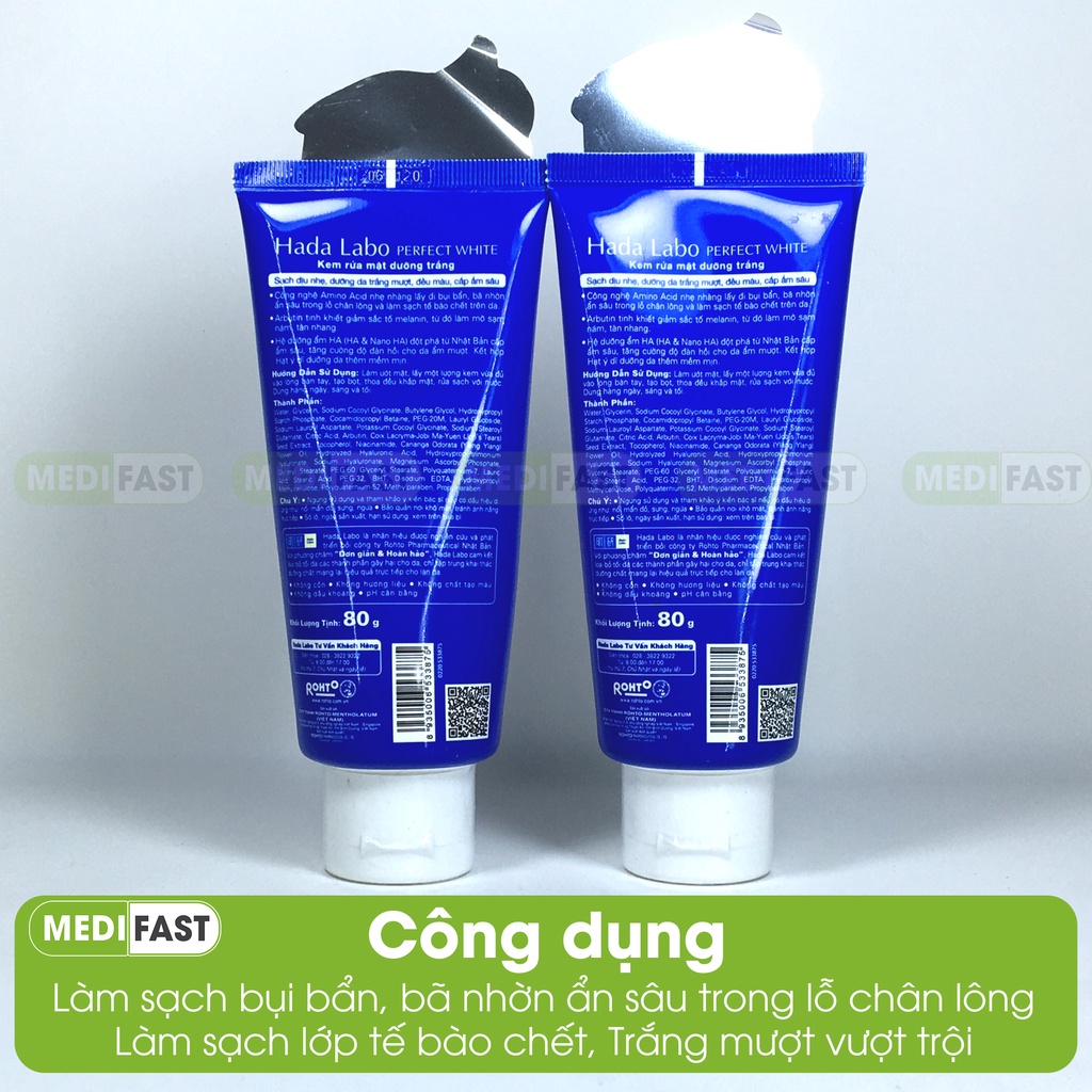 Sữa rửa mặt dưỡng trắng da HadaLabo tuýp 80g - Kem rửa mặt Dưỡng da trắng mịn, ẩm mượt - Sạch sâu, dịu nhẹ
