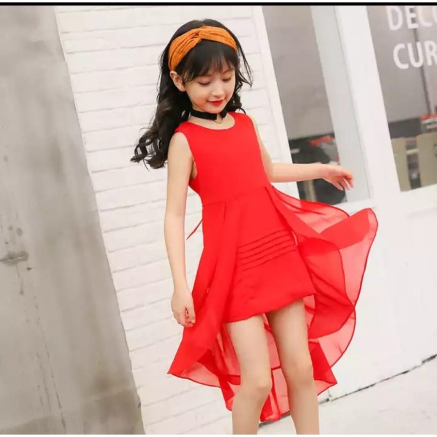 Đầm Dự Tiệc Màu Đỏ Trơn Dễ Thương Xinh Xắn Dành Cho Bé Gái 9 10 11 12 Tuổi