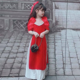 Áo dài cách tân 🎀 áo dài truyền thống 🎀 vải nhung mềm cao cấp tay bồng đính cổ ngọc chai long lanh siêu chanh xả
