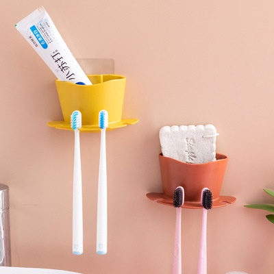 [HÀNG CÓ SẴN] Kệ bàn chải đánh răng dán tường nhà tắm với 4 khe cắm bàn chải và 1 hộp để kem đánh răng tiện lợi