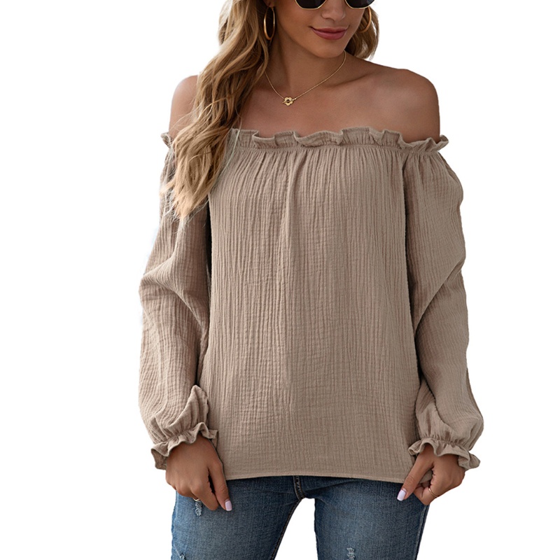 Áo Thun Dài Tay Cổ Tròn Dáng Rộng Hở Vai Màu Khối Màu Sắc Gợi Cảm Cho Nữ