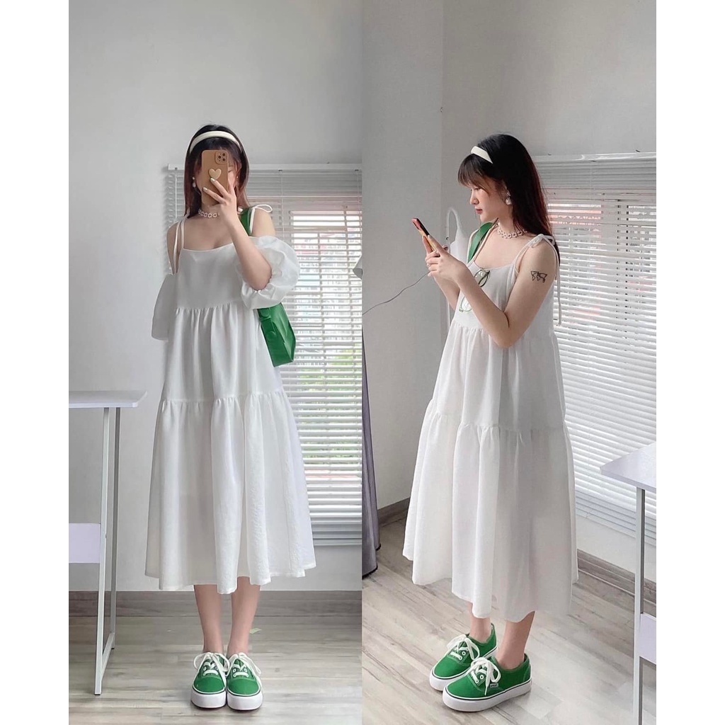 Váy 2 dây dáng dài buộc nơ vai 2 lớp phối bèo tay mặc được nhiều kiểu. Đầm 2 dây đi biển dáng dài rộng 3 tầng nhiều màu