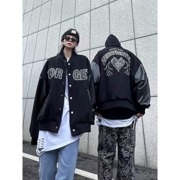 ÁO BOMBER KAKI PHỐI TAY DA FORGET FORM UNISEX NAM NỮ (hình chụp thật) - Hàng nhập khẩu
