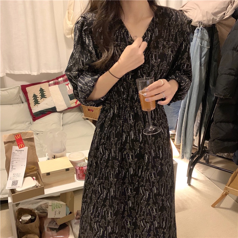 Đầm maxi SUXI tay dài cổ chữ v in họa tiết hoa phong cách Hàn Quốc cổ điển thời trang mùa thu cho nữ