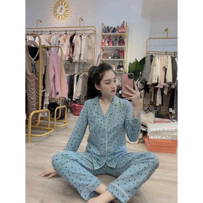 Set bộ quần áo ngủ dài tay nhung họa tiết MH