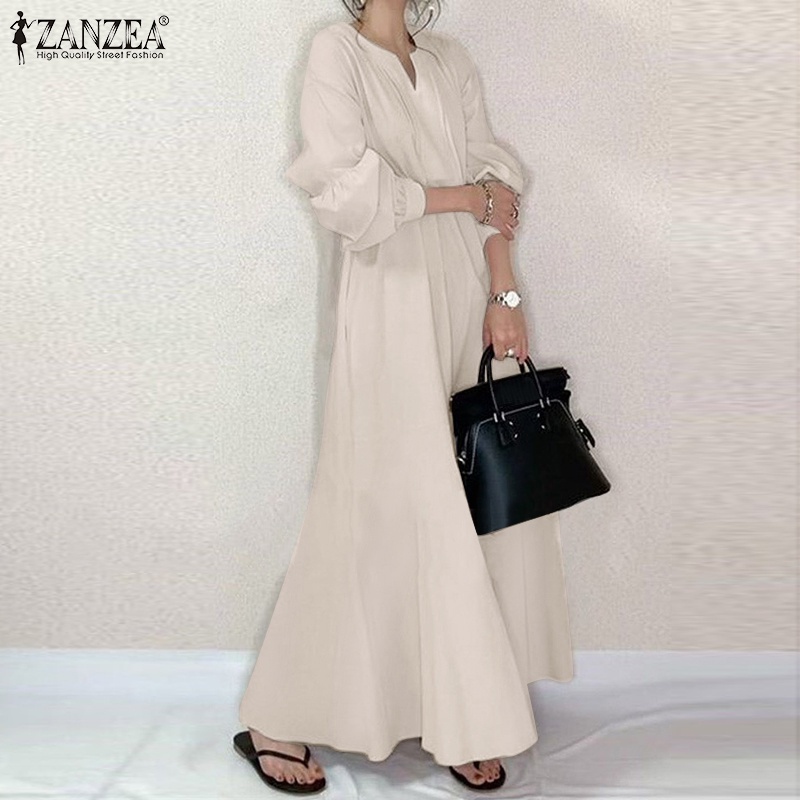 Đầm maxi ZANZEA tay dài cổ chữ V màu trơn phong cách đường phố giản đơn dễ phối đồ dành cho nữ