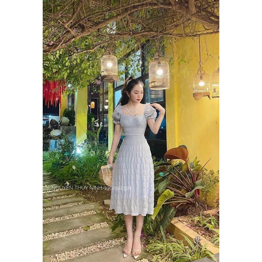 ĐẦM MIDI XỐP CHÉO DÂY CỔ TAY BO 3 MÀU