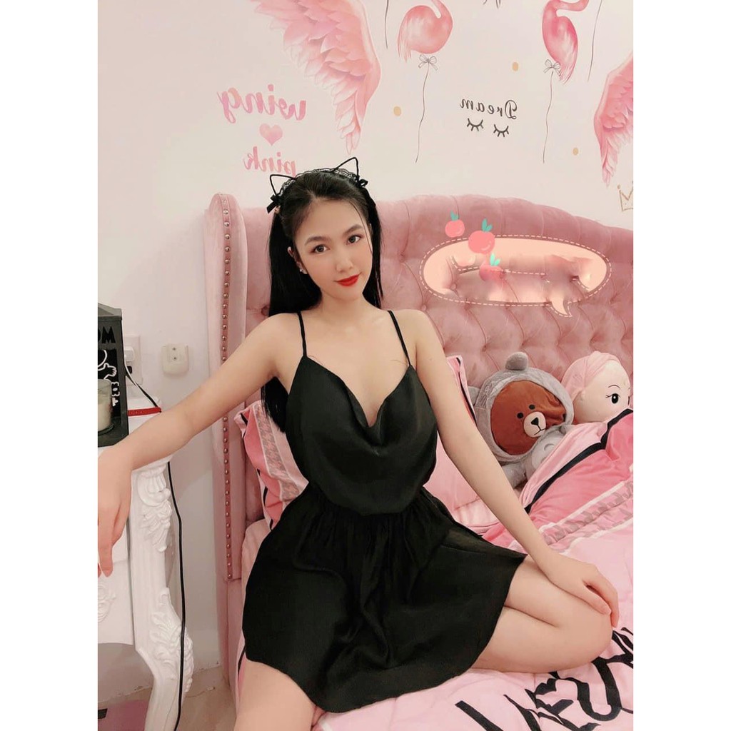 Váy Ngủ Sexy Hở Lưng Cổ Đổ Mặc Ngủ Gợi Cảm Freesize dưới 60kg - Linqu Sleepwear