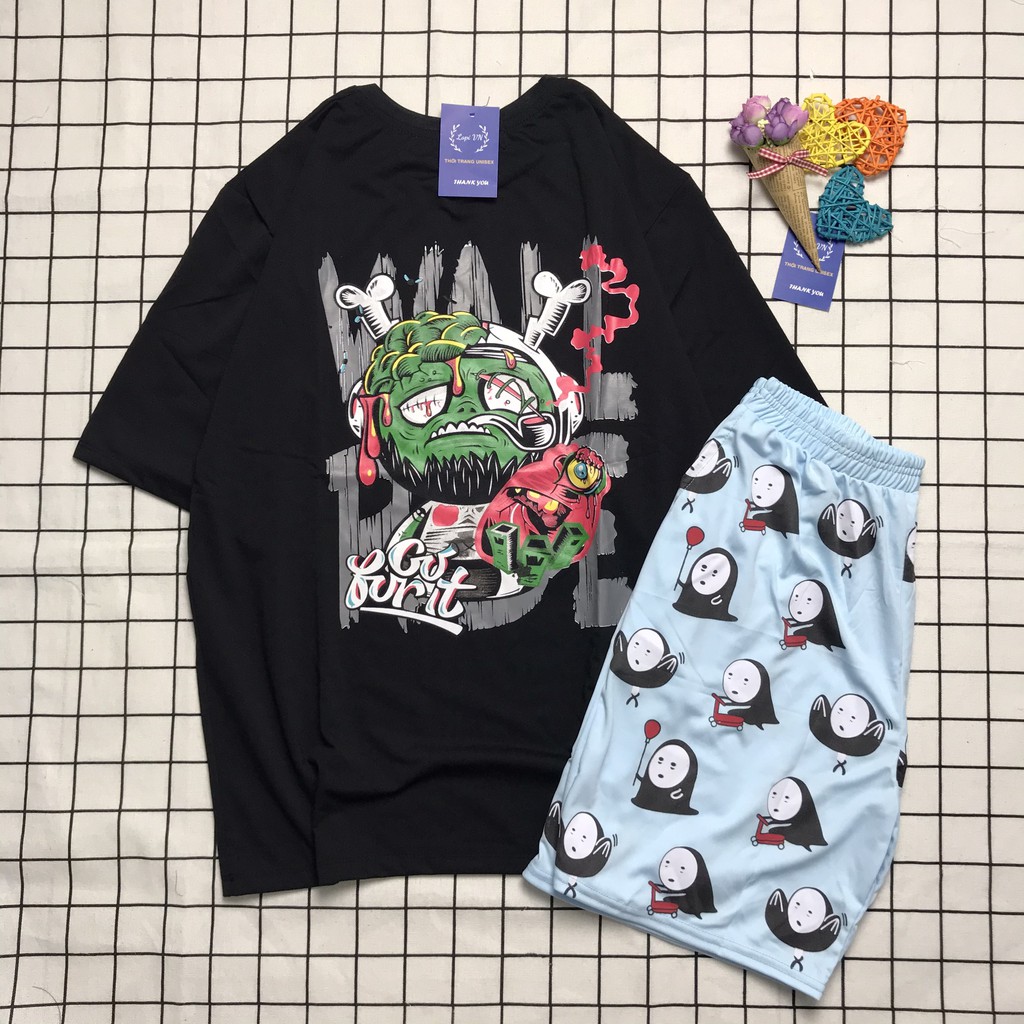 Set Đồ Bộ chữ Z Mặt Qủy cartoon 3D Cute-Lapi VN Áo+ Quần Đùi Vải Thun Cotton Thoáng Mát, Freesize Đến 70kg | BigBuy360 - bigbuy360.vn