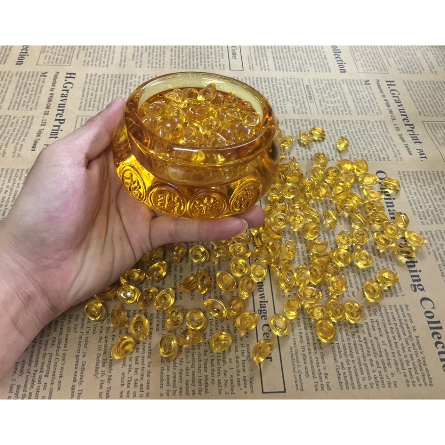 Hũ vàng pha lê 10cm bát tụ, kèm 100 thỏi vàng  thần tài phong thủy