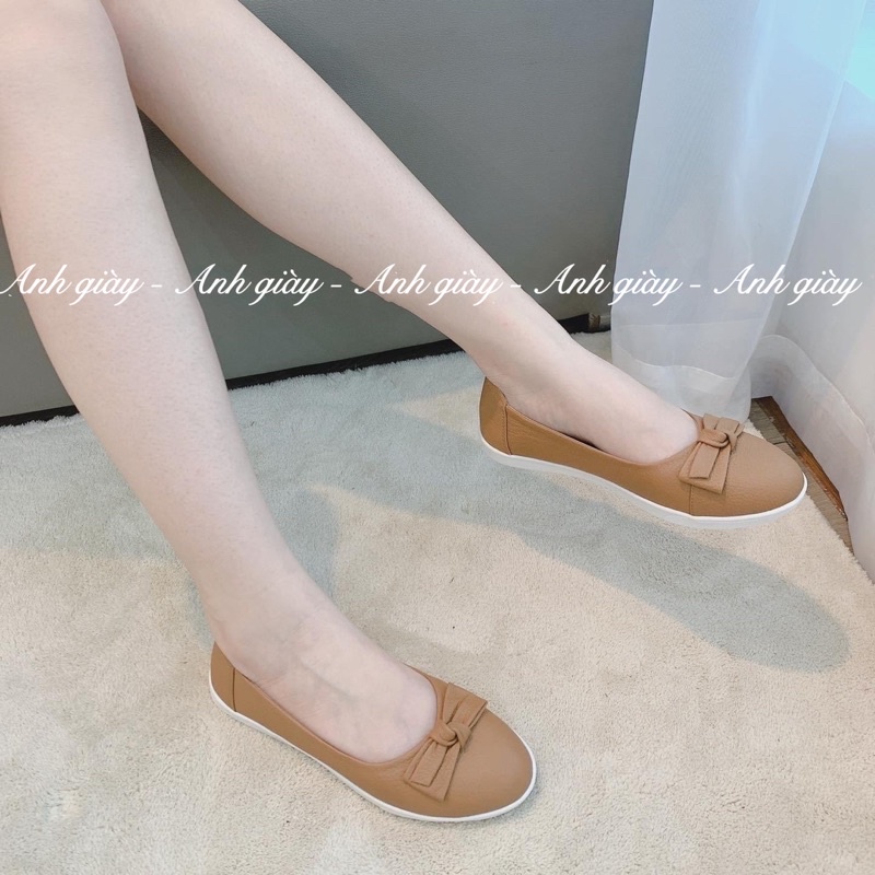 GB11 - Giày bệt da bò mũi tròn nơ ngang chất da siêu mềm nhẹ êm 3 màu đen , trắng , bò  hàng VNXK