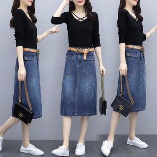 Chân váy jean chữ A form dài QUẢNG CHÂU nữ CV179 (KHÔNG KÈM ĐAI)
