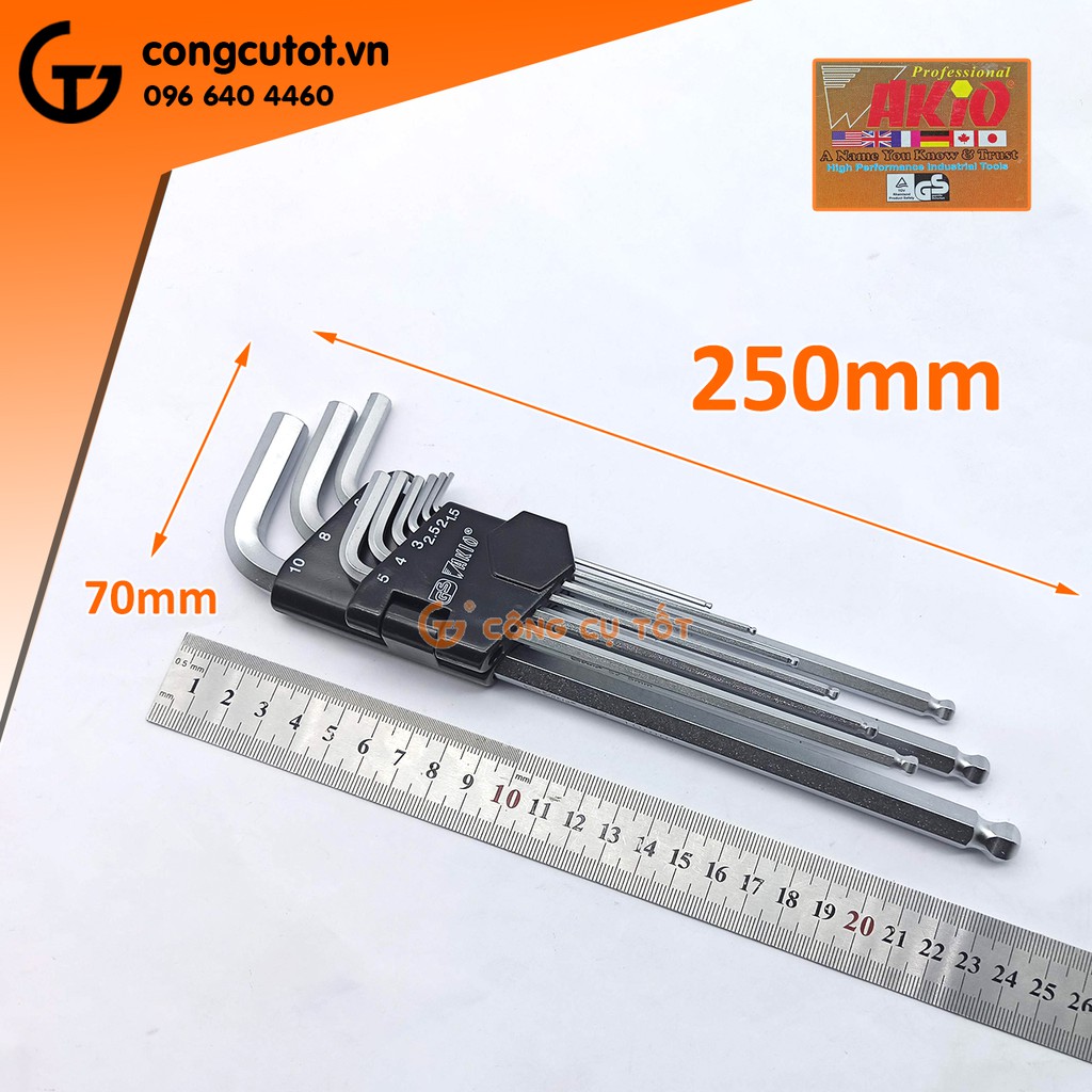 Bộ lục giác 9 cây đầu bi 1.5-10mm WAKIO thép S2 xi trắng loại dài 235mm