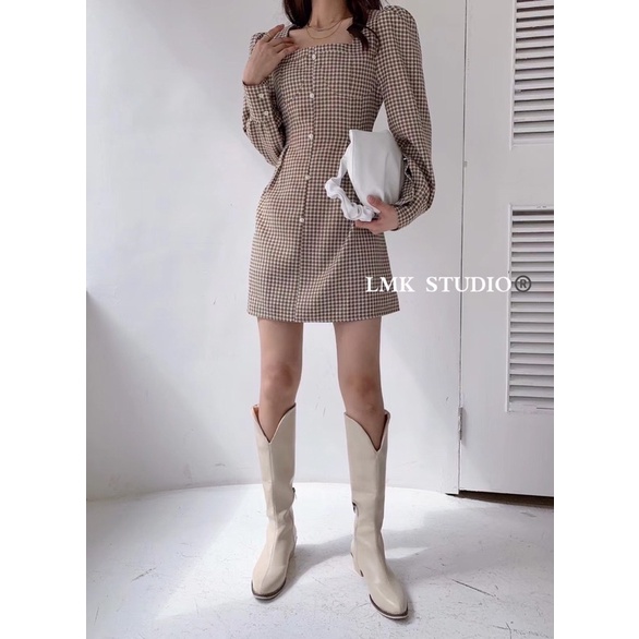 Đầm dạ cổ vuông cao cấp dáng chữ A, phong cách Hàn Quốc tươi trẻ